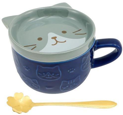 Cute Cat Mug with Lid Cute Ceramic Cat Coffee Mug Animal Coffee Tea Cup Saucer Set Kawaii Ceramic Mugs with Biscuit Holder and Spoon Funny Novelty Cat Breakfast Mug for Girls Boys Friend (Blue)