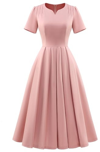 Wedtrend Robe vintage des années 1950 pour femme - Manches courtes - Pour le travail, l'église - Robe de cocktail avec poche, rose poudré, Taille L
