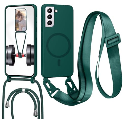 Coque pour Samsung Galaxy S22 avec Cordon,(Compatible avec MagSafe) Etui avec Collier - Tour de Cou Lanière en Corde - Silicone Housse avec Réglable Chaine pour Samsung Galaxy S22,Bandouliere ,Vert
