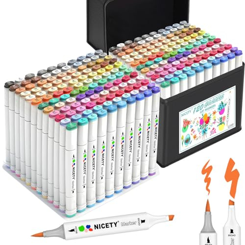 NICETY 120 Colors Alcohol Markers Dual Tip Brush & Chisel – Alcohol Based Art Marker Set for Sketching, Drawing, Coloring, Painting, Illustration – Markers for Artists, Adults, Beginners