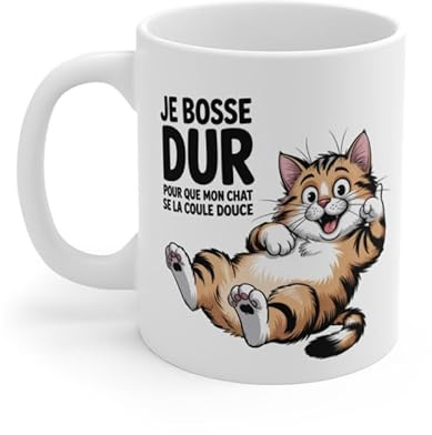 Teecustom Tasse Chat Humour 325ml – Mug “Je bosse dur pour mon chat” – Cadeau Fan de Chats – Céramique Micro-Ondes & Lave-Vaisselle