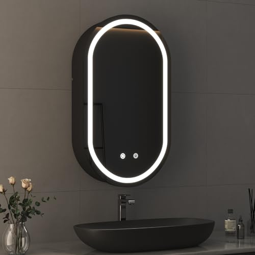 Boromal LED Spiegelschrank Bad mit Beleuchtung Schwarz Ovaler Spiegelschrank mit Beleuchtung Metall Badezimmerschrank mit Dimmbar, Beschlagfrei, Stecker und Ablage (40x70x13cm)