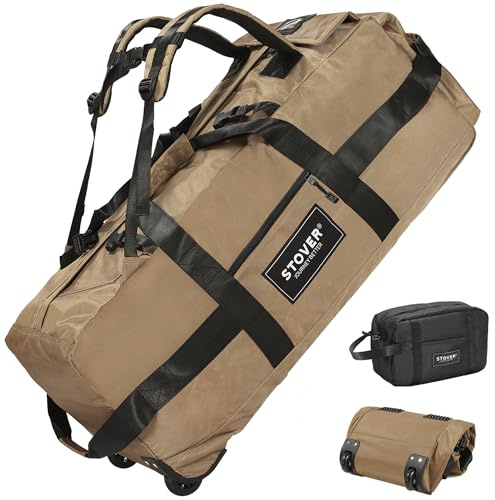 STOVER 45/80/100L Rolling Duffel Bag with Wheels, Large Durable Travel Duffle with Toiletry Bag, Heavy Duty, Packable with Shoulder Straps- Use as Luggage or Backpack, Men Women, Tan, 80L, Sporty