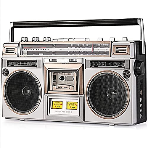 80s Retro Bluetooth Boombox mit Kassettenspieler, AM/FM Radio, Lautsprecher, Bass-Boost, Kopfhöreranschluss, SD/USB-Eingang für nostalgische Musikwiedergabe