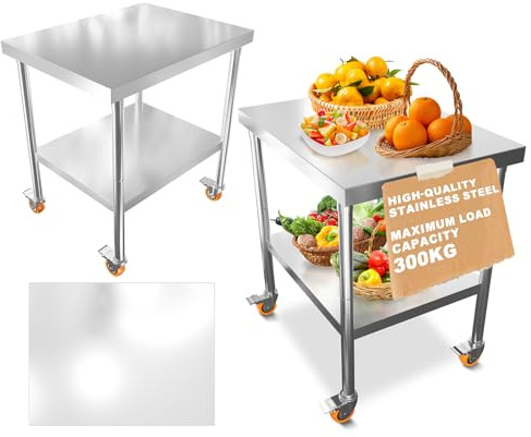 ACXIN Edelstahl Arbeitstisch XL 2-stöckig mit Rollen, Belastbar bis 300 kg, Zubereitungstisch, Küchentisch, Hygienisch & Robust, Mobil für Gastronomie, Catering, Werkstatt, Outdoor (76 x 60 x 85 cm)