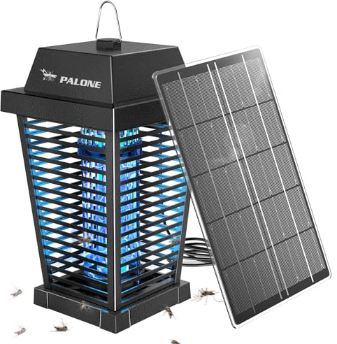 PALONE 4500V Insektenvernichter Elektrisch Solar, Hängende Mückenlampe | USB-C Wiederaufladbar Elektrischer UV Mückenlampe with 7,5W/5V Sonnenkollektor & 3,6M Kabel für Camping Angeln Garten Innen