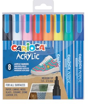 CARIOCA Marcatori Acrilici Punta Tonda Set 8 Colori, Pennarelli Acrilici Bullet Tip per Lettering, Decorazione e Personalizzazione Oggetti