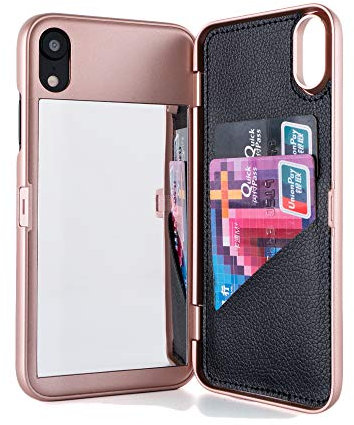 W7ETBEN iPhone XR Case,Hidden Back Mirror Wallet Case with Stand Feature and Card Holder for Apple iPhone XR 6.1 inch - Rose Gold