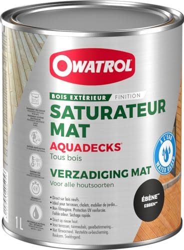 OWATROL - AQUADECKS - Teinte Ebène - Saturateur Mat à l'Eau pour Protection Bois Exotiques Extérieurs Teck Ipé Bangkiraï Acacia Maçaranduba - 1 L