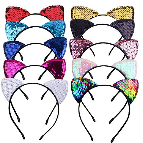 Haarreifen mit Katzenohren,10 Stk Glitter Pailletten Katzenohren Stirnband Haarband Haarband Headwear für Party,Cosplay