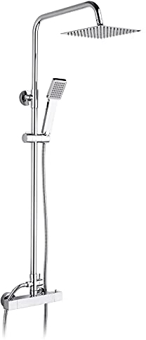 Ibergrif M21807 Columna Ducha Termostatica, 38° Sistema Columna Ducha Termostática, Sistema Columna de Ducha con Rociador, Alcachofa, Manguera, Barra Ajustable, Soporte, Barra Ducha Pared Cromo, Plata
