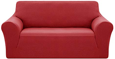 Deconovo Sofabezug, 2-Sitzer mit Armlehnen, dehnbar, Jacquard, Sofaschonbezug, Rot, 1 Stück