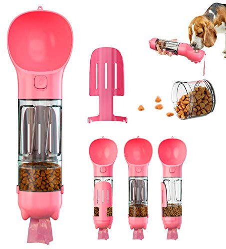 WR WPAIER Dog Water Bottle Walking, 4 in 1 Dogs Travel Water Bottle Dispenser with Food Container, Garbage and Shovel for Dog Cat Pet Outdoor Walking Travelling Drinking (Pink)