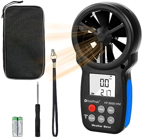 HoldPeak Anemometro Digitale Portatile HP-866B-WM, Con Display LCD Anemometro Professionale,Indicatore Barometro,Temperatura e Vento Freddo con Retroilluminazione e Max/Min