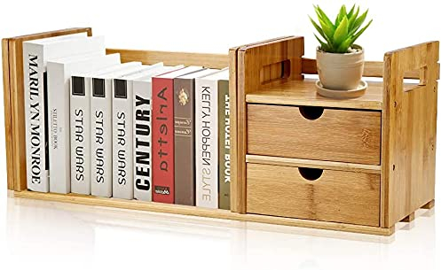 Tischbuchregal Bambusholz ausziehbarer Schreibtisch Tischbuchregal B¨¹cherregale Buchregal Organizer Verstellbares Schreibtischregal mit 2 Schubladen 51-80,5cm x18,5 x20,5 cm