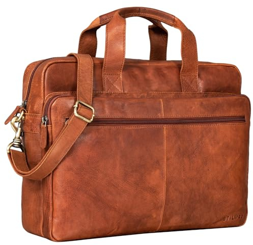 STILORD Thompson Vintage Ledertasche Business Tasche Groß Aktentasche Lehrertasche zum Umhängen für Laptop DIN A4 Bürotasche Trolley Aufsteckbar Echtes Leder Farbe:vegetabil - Brandy