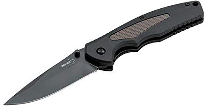 Navajas Böker Plus gemini NGA Black Coyote 01BO505 con hoja de acero D2 de 9 cm y empuñadura de GFN Caza, Pesca, Camping, Outdoor, Supervivencia y Bushcraft + Portabotellas de regalo