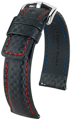 HIRSCH Uhren-Band Carbon L - modisches Premium-Lederband für Deine Armbanduhr - Schwarz - 20 mm