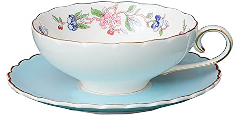 fanquare Taza y Platillo de Porcelana de Colores, Taza de Café con Flor de Loto Rosa y Pájaro, Taza de Té con Adornos Dorados (Azul)