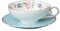 fanquare Taza y Platillo de Porcelana de Colores, Taza de Café con Flor de Loto Rosa y Pájaro, Taza de Té con Adornos Dorados (Azul)