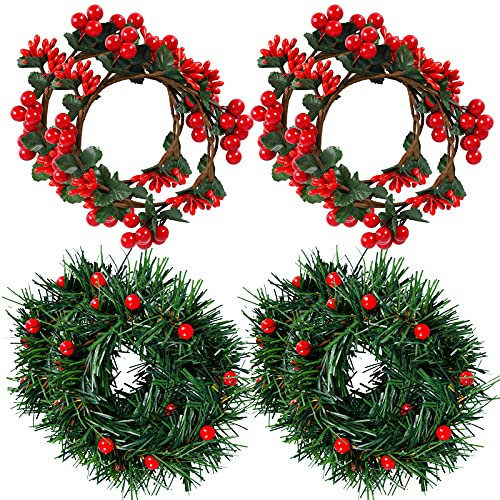 Weihnachten Kerzen Ringe, 8 Stück Kranz Dekorative Mini Votiv Kerzenhalter Beeren für Säulen Tischdekoration Zubehör Wendding Party Dekoration