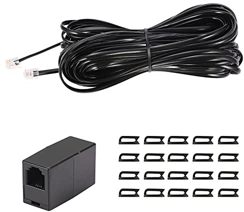 Seefeful 50 Feet Long Telephone Extension Cord Phone Cable Line Wire, with Standard RJ11 Plug and 1 in-Line Couplers and 20 Cable Clip Holders-Blac (Black 50FT)