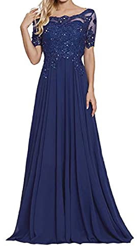 yhfshop Abendkleider Elegant,Schulter-Kurzarm-Partykleid mit Spitzenapplikationen-Dunkelblau_40,Ballkleid Brautjungfernkleider Festkleid
