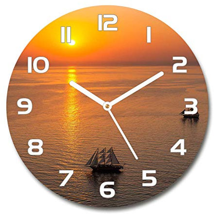 Tulup Glasuhr ⌀ 60cm - weißen Zeigern - Wanduhr Wandkunst Bild Gehärtetem Glas Uhr Echtglas Küche Wohnzimmer - Sonnenuntergang Meer