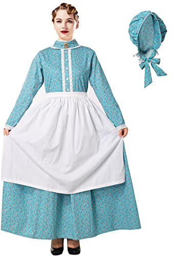 BPURB Damen Pioneer Prärie Blumenkleid Kostüm mit Schürze und Motorhaube Pilgrim Kolonial Kleid Dienstmädchen Halloween Cosplay Kostüm