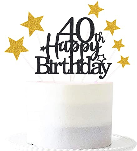 Glittery 40th Happy Birthday Cake Topper with Star,40 Birthday Cake Toppers Party Decorations Party Supplies for Men Women Black Gold