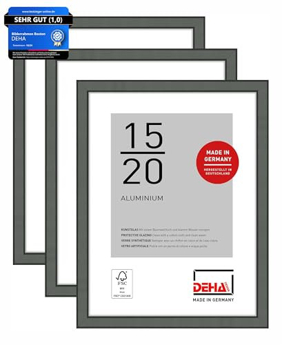 DEHA Design Bilderrahmen, 15 x 20 cm (3er Set), Aluminium, Grau matt, Fotorahmen zum Auftstellen im Hoch- & Querformat, bruchsicheres Kunstglas, Boston