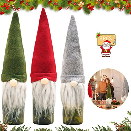 3 Stück Weihnachten Weinflasche Abdeckung, Flaschenüberzug Beutel, Weihnachtsmann Hut Flaschebeutel, Abdeckung Taschen für Home Dinner Wein Weihnachten Tischdeko(D)