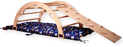 Montessori Kletterbogen | Kletterbogen mit Kissen & Rampe | Bogenwippe aus Holz für Kinder | Groß Kletterbogen mit Kissen und Leiter Rampe oder Felswand Rampe (Bogen mit Kissen und Rampe)