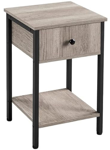 Abician Table d’appoint à 1 Tiroir Table de Nuit en Bois MDF avec Étagère Table de Chevet Industrielle Cadre en Métal Table Basse Vintage Chambre Salon Bureau Gris