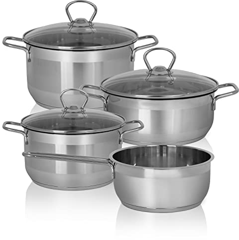 Krüger Edelstahl Kochtopf-Set Manhattan 4-teilig - Topfset aus 3 Kochtöpfen und einer Stielkasserolle mit Glasdeckel zum Sichtkochen - mit 3-Schicht-Thermoboden und Schüttrand
