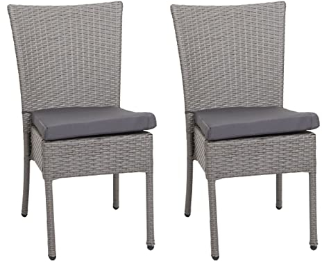 Mendler 2er-Set Poly-Rattan Stuhl HWC-G19, Balkonstuhl Gartenstuhl, stapelbar - grau, Kissen dunkelgrau