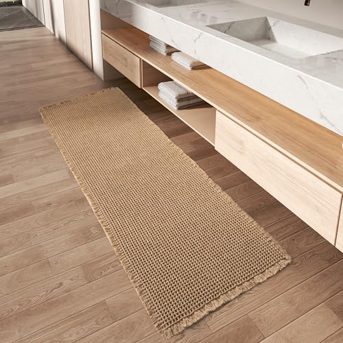 Upgraded Waffle Runner Rug, Super Absorbent Non Slip Bath Mats for Bathroom Floor, Machine Washable Bathroom Runner Rug with Tassels, Ideal for Hallway Bedroom Laundry Room, Brown, 2'x 6'(24 x 72)