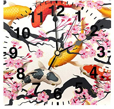 Orologio da parete quadrato con fiori di pesca floreale carpa e rosa da 20 cm a batteria al quarzo silenzioso orologio da parete per cucina, soggiorno, camera da letto, ufficio