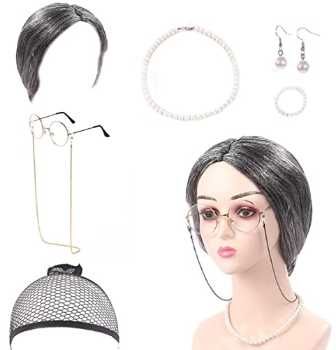 KARLOR Alte Damen Perücke silbergrau gerade, 7 PCS Oma Kostümzubehör Großmutter Perücke Old Lady Perückekappe Omabrille mit ketten Armband, Alte Damen Outfit für Halloween Karneval Mottoparty Fasching