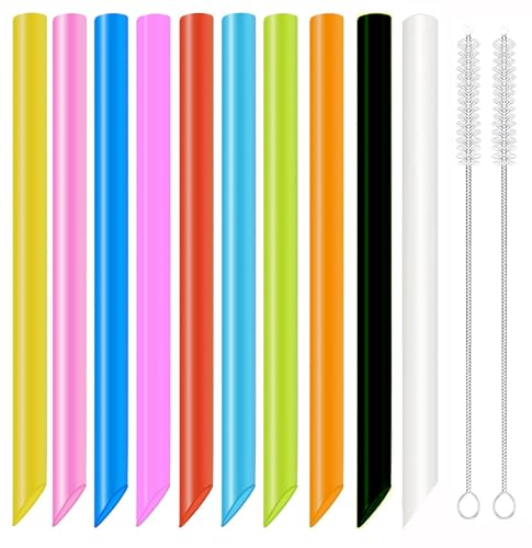 10Pcs Macaron Color Smoothie Straws, Plastic Reusable Straws 1cm x 26cm, Straight Colorful Reusable Drinking Straws, Replacement Straws for Bubble Tea, Tapioca Pearls with 2 Cleaning Brushs