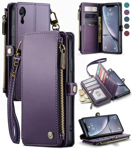 Defencase Compatible with iPhone XR Case Wallet with RFID Blocking Card Holder for Women and Men, Fashion PU Leather Magnetic Snap Flip Zipper Strap Wallet Phone Case Fit for iPhone XR 6.1, Purple