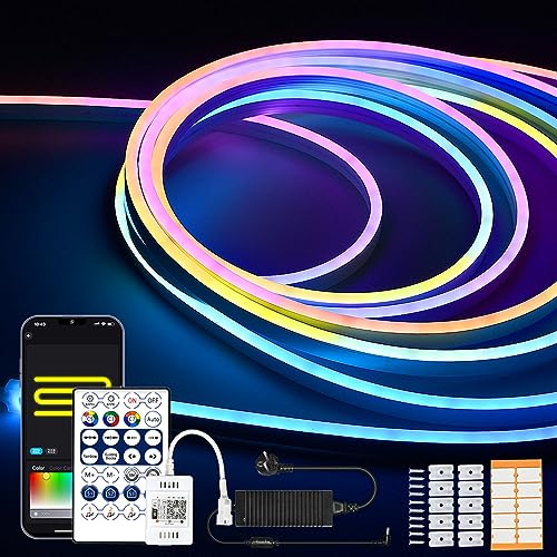 INDARUN Neon Led Strip 5m, RGBIC Neon LED Streifen 5m Wasserdicht IP67, WiFi LED Streifen 24V 5A 5m 96 LED/Meter mit Fernbedienung, kompatibel mit Alexa, für Zuhause, Party, Raumdekoration