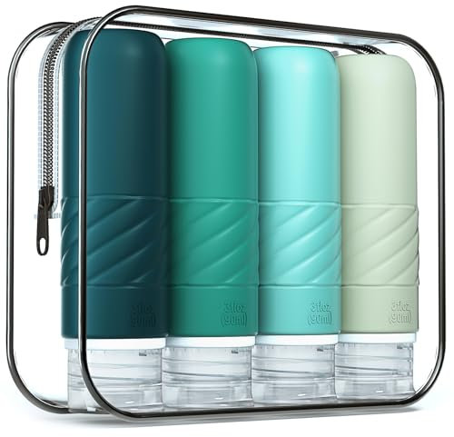 Gemice Botellas de viaje para artículos de tocador, botellas de viaje de silicona aprobadas por CAA de 90 ml, recipientes de tamaño de viaje a prueba de fugas, esenciales de viaje para loción, jabón,