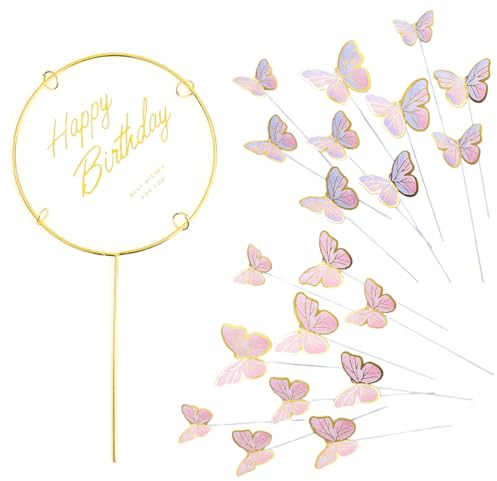 Déco de Gâteau Papillons - 3D Happy Birthday Cake Topper pour Filles Anniversaire Mariage Noël Baby Shower. Décoration d'Anniversaire Tarte à Gâteau Papillon (Rose & Violet).