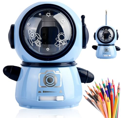 Nizirioo Elektrischer Anspitzer für Kinder: Automatisch mit drei einstellbaren Modi, Behälter und Astronaut-Design für Skizzenräume