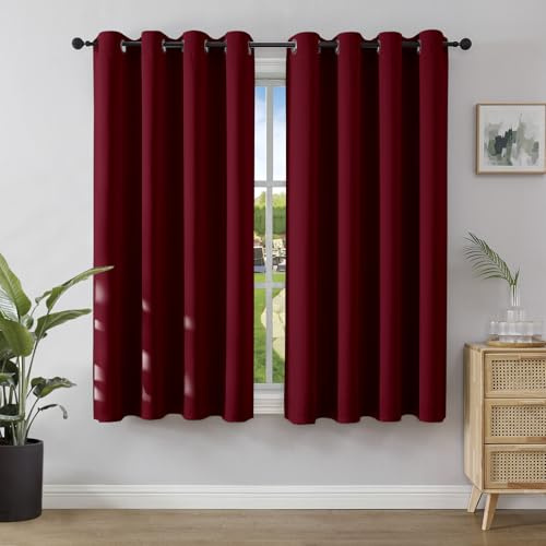 Joydeco Verdunkelungsvorhänge Weinrot mit Ösen 2er Set H 158 x B 132 cm, Kurze Vorhänge Blickdichte 158 cm Lang für Küche Schlafzimmer