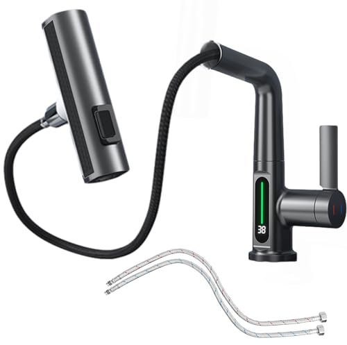 leryveo Grifos de Cocina,Grifo de Cocina | Grifo Digital desplegable Inteligente,Grifo de Cocina en Cascada de 5 Modos, Grifo de Agua sin batería, níquel Cepillado