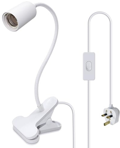 Clip on E27 Bulb Holder Clip on Desk Light with 240CM Cable Clip on Light with On/Off Switch 360°Flexible Clip Lamp Holder Bedside Reading Light with Clip Clamp Light Gooseneck Clip Lamp for Beside