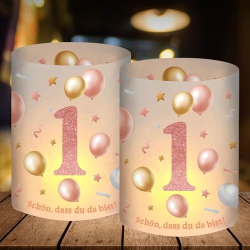 12 Windlicht Tischdeko 1 Geburtstag, Deko 1. Geburtstag Mädchen, Geburtstagsdeko 1 Jahr Mädchen, Erster Geburtstag Mädchen Happy Birthday Tischdeko Rosegold, Geeignet für Teelichter oder Kerzen