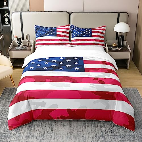 Loussiesd Amerikanische Flagge 100% Baumwolle Bettwäsche Set 155x220cm Camouflage USA Flagge Bettwäsche Armee Camo Flagge Blau Rot und Weiß Sterne Bettwäsche Raum Dekor Reißverschluss